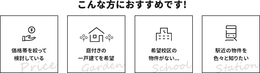 【こんな方におすすめ！】価格帯を絞って検討したい/庭付き物件がほしいな/探している校区の物件がない/駅近の物件を色々とみたい